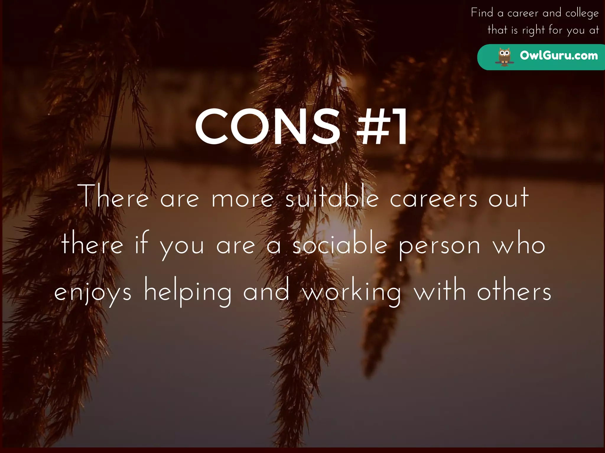 OwlGuru.com
Find a career and college
that is right for you at
CONS #1
There are more suitable careers out
there if you are a sociable person who
enjoys helping and working with others
 