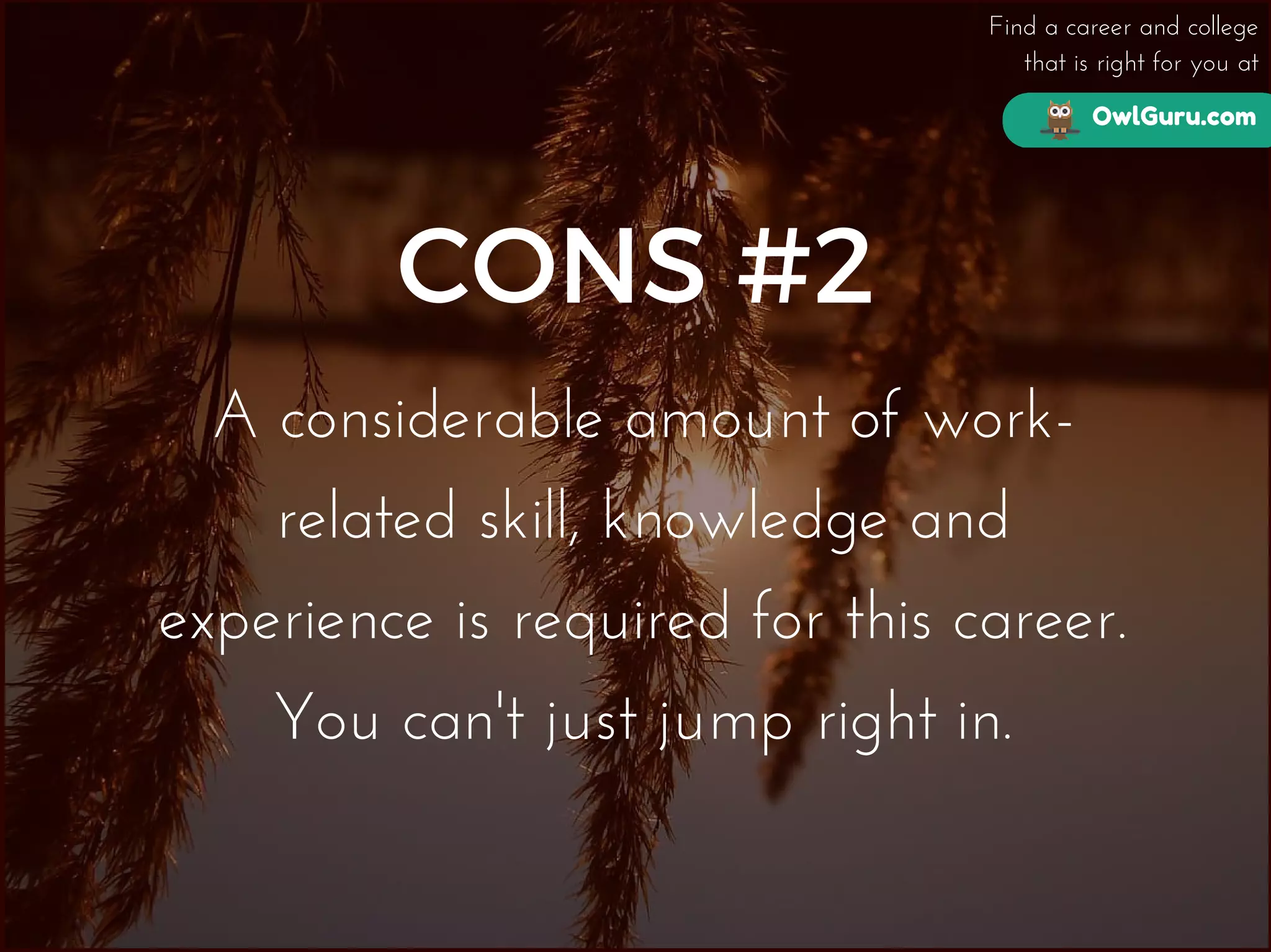 OwlGuru.com
Find a career and college
that is right for you at
CONS #2
A considerable amount of work-
related skill, knowledge and
experience is required for this career.
You can't just jump right in.
 