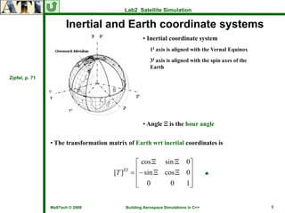 Lab2 Satellite Simulation

                      Inertial and Earth coordinate systems
                                                    • Inertial coordinate system
                                                        1I axis is aligned with the Vernal Equinox
                                                        3I axis is aligned with the spin axes of the
                                                        Earth
Zipfel, p. 71




                                                    • Angle Ξ is the hour angle

                • The transformation matrix of Earth wrt inertial coordinates is


                                                  ⎡ cos Ξ sin Ξ 0⎤
                                       [T ]EI   = ⎢− sin Ξ cos Ξ 0⎥                 ♣
                                                  ⎢               ⎥
                                                  ⎢
                                                  ⎣ 0        0   1⎥
                                                                  ⎦


                MaSTech © 2009              Building Aerospace Simulations in C++                      5
 