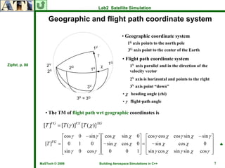 Lab2 Satellite Simulation

                    Geographic and flight path coordinate system

                                                                       • Geographic coordinate system
                                                                          1G axis points to the north pole
                                                    1V                     3G axis point to the center of the Earth

                                                                       • Flight path coordinate system
Zipfel, p. 80                                                 1G
                   2V
                                 2G              X
                                                                             1V axis parallel and in the direction of the
                   2X                           1                            velocity vector
                                                                             2V axis is horizontal and points to the right
                                            3V                               3V axis point “down”
                                                                       • χ heading angle (chi)
                                        X
                                       3 = 3G
                                                                       • γ flight-path angle

                   • The TM of flight path wrt geographic coordinates is

                  [T ]VG = [T (γ )]VX [T ( χ )] XG
                             ⎡cos γ    0 − sin γ ⎤ ⎡ cos χ             sin χ    0⎤ ⎡cos γ cos χ      cos γ sin χ   − sin γ ⎤
                   [T ]VG   =⎢ 0       1    0 ⎥ ⎢− sin χ               cos χ    0⎥ = ⎢ − sin χ          cos χ         0 ⎥          ♣
                             ⎢                   ⎥⎢                              ⎥ ⎢                                       ⎥
                             ⎢ sin γ
                             ⎣         0 cos γ ⎥ ⎣ 0
                                                 ⎦⎢                      0      1⎥ ⎢ sin γ cos χ
                                                                                 ⎦ ⎣                 sin γ sin χ    cos γ ⎥⎦

                MaSTech © 2009                           Building Aerospace Simulations in C++                                 7
 