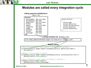 Lab3 Modules


        Modules are called every integration cycle
           Calling sequence established in
                     input.asc
            MODULES
             environment    def,init,exec                         struct Module
             aerodynamics   def,exec                              {
             propulsion     def,init,exec                           string name;
             forces         def,exec                                string definition;
             newton         def,init,exec                           string initialization;
             targeting      def,exec                                string execution;
             seeker         def,exec                                string termination;
             guidance       def,exec                              };
             control        def,exec
             intercept      def,exec
            END

                                    Loading modules into module_list
            void order_modules(fstream &input,int &num,Module *module_list)


                                             Module calling
       //Vehicle’s constructor calls module to define module-variables
       if((module_list[j].name==“newton")&&(module_list[j].definition=="def"))
          def_newton();

       //Module is initialized in ‘main()’
       if((module_list[j].name==“newton")&&(module_list[j].initialization=="init"))
          vehicle_list[i]->init_newton();

       //Every integration step, module is called in ‘execute(…)’
       if(module_list[j].name==“newton")
          vehicle_list[i]->newton(int_step);

                                                                                             ♣
MaSTech © 2009                   Building Aerospace Simulations in C++                       5
 