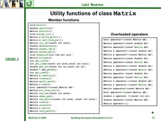 Lab3 Modules

                            Utility functions of class Matrix
                            Member functions
            void print();
            double absolute();
            Matrix adjoint();
            void assign_loc(…)                                               Overloaded operators
            Matrix & build_mat33(…);
            Matrix & cart_from_pol(…)                                 bool operator!=(const Matrix &B);
            Matrix col_vec(const int &col);                           Matrix operator*(const double &b);
            double determinant();
                                                                      Matrix operator*(const Matrix &B);
            Matrix diamat_vec();
            Matrix diavec_mat();                                      Matrix & operator*=(const double &b);
            void dimension(int row,int col);                          Matrix & operator*=(const Matrix &B);
            Matrix ellipse();
CRUISE_3                                                              Matrix operator+(const double &b);
            int get_cols();
                                                                      Matrix operator+(const Matrix &B);
            int get_index(const int &row,const int &col);
            double get_loc(const int &r,const int &c);                Matrix & operator+=(const double &b);
            double * get_pbody();                                     Matrix & operator+=(const Matrix &B);
            int get_rows();                                           Matrix operator-(const double &b);
            Matrix & identity();
                                                                      Matrix operator-(const Matrix &B);
            Matrix inverse();
            Matrix mat33_vec9();                                      Matrix & operator-=(const double &b);
            Matrix & ones();                                          Matrix & operator-=(const Matrix &B);
            bool operator!=(const Matrix &B);
                                                                      Matrix &operator=(const Matrix &B);
            Matrix pol_from_cart();
            Matrix row_vec(const int &row);                           bool operator==(const Matrix &B);
            Matrix skew_sym();                                        double & operator [](const int &r);
            Matrix sub_matrix(const int &row, const int &col);        double operator^(const Matrix &B);
            Matrix trans();
                                                                      Matrix operator~();
            Matrix univec3();
            Matrix & zero();
            Matrix vec9_mat33();
                                                                                                            ♣
           MaSTech © 2009                 Building Aerospace Simulations in C++                             12
 