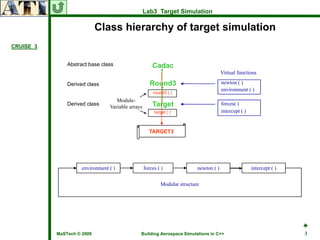 Lab3 Target Simulation

                            Class hierarchy of target simulation
CRUISE_3


               Abstract base class                     Cadac
                                                                                        Virtual functions

               Derived class                          Round3                            newton ( )
                                                                                        environment ( )
                                                       round3 [ ]
                                    Module-
               Derived class
                                 Variable arrays       Target                           forces( )
                                                        target [ ]                      intercept ( )


                                                     TARGET3




                     environment ( )               forces ( )              newton ( )                   intercept ( )


                                                           Modular structure




                                                                                                                        ♣
           MaSTech © 2009                      Building Aerospace Simulations in C++                                    3
 