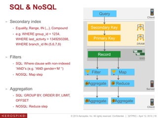 © 2014 Aerospike, Inc. All rights reserved. Confidential. | GITPRO – April 12, 2014 | 18
SQL & NoSQL
➤ Secondary index
 E...