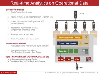 © 2013 Aerospike, Inc. All rights reserved. Confidential. | <Title of Presentation> | 18
DISTRIBUTED QUERIES
1.  “Scatter” requests to all nodes
2.  Indexes in DRAM for fast map of secondary à primary keys
3.  Indexes co-located with data to guarantee ACID,
manage migrations
4.  Records read in parallel from all SSDs
using lock free concurrency control
5.  Aggregate results on each node
6.  “Gather” results from all nodes on client
STREAM AGGREGATIONS
1.  Push Code/ Security Policies/ Rules to Data with UDFs
2.  Pipe Query results through UDFs to
Filter, Transform, Aggregate.. Map, Reduce
REAL-TIME ANALYTICS on OPERATIONAL DATA (No ETL)
➤  In Database, within the same Cluster
➤  On the same Data, on XDR Replicated Clusters
Real-time Analytics on Operational Data
 