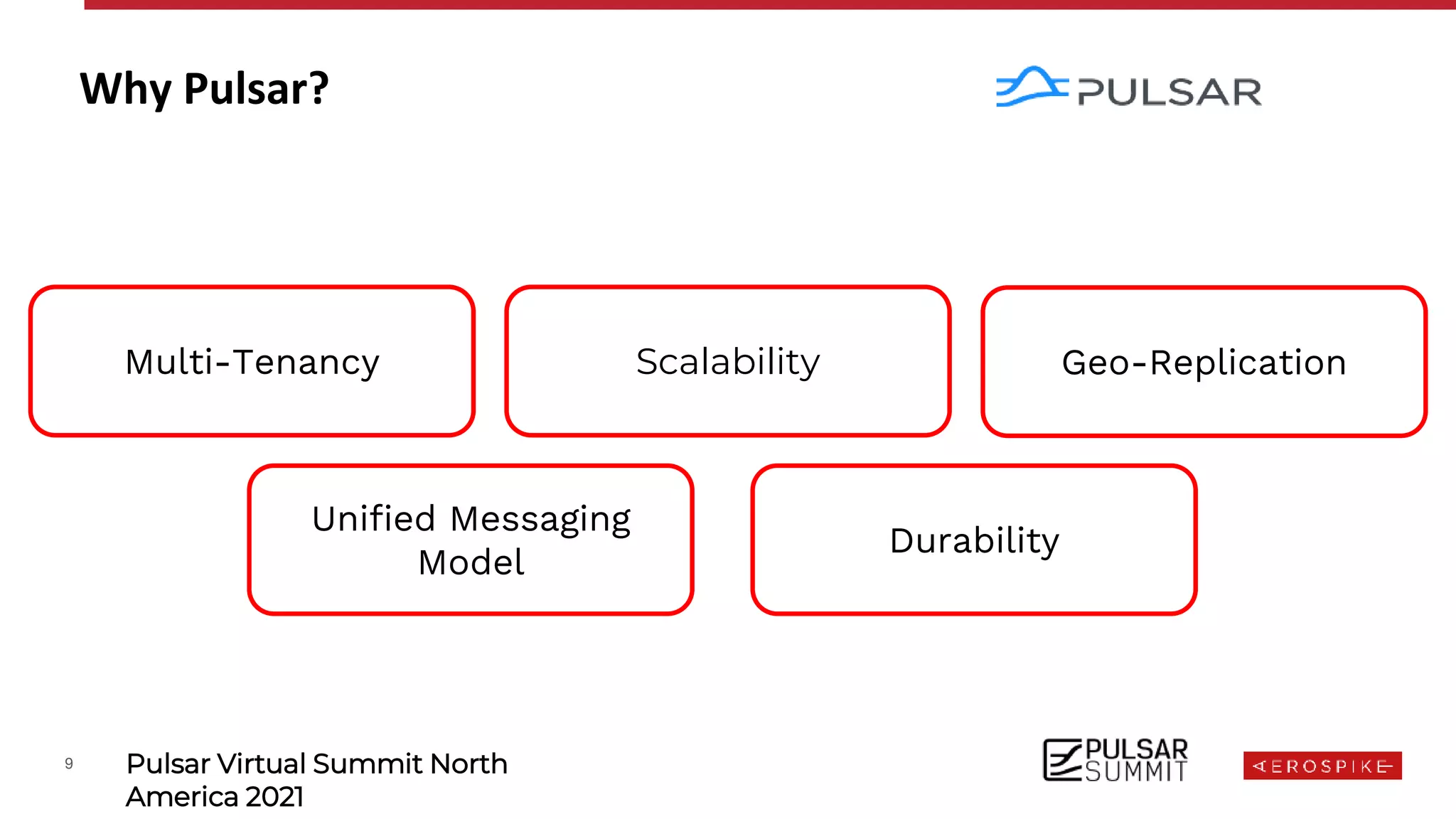 9 Pulsar Virtual Summit North
America 2021
Why Pulsar?
Durability
Scalability Geo-Replication
Multi-Tenancy
Unified Messaging
Model
 