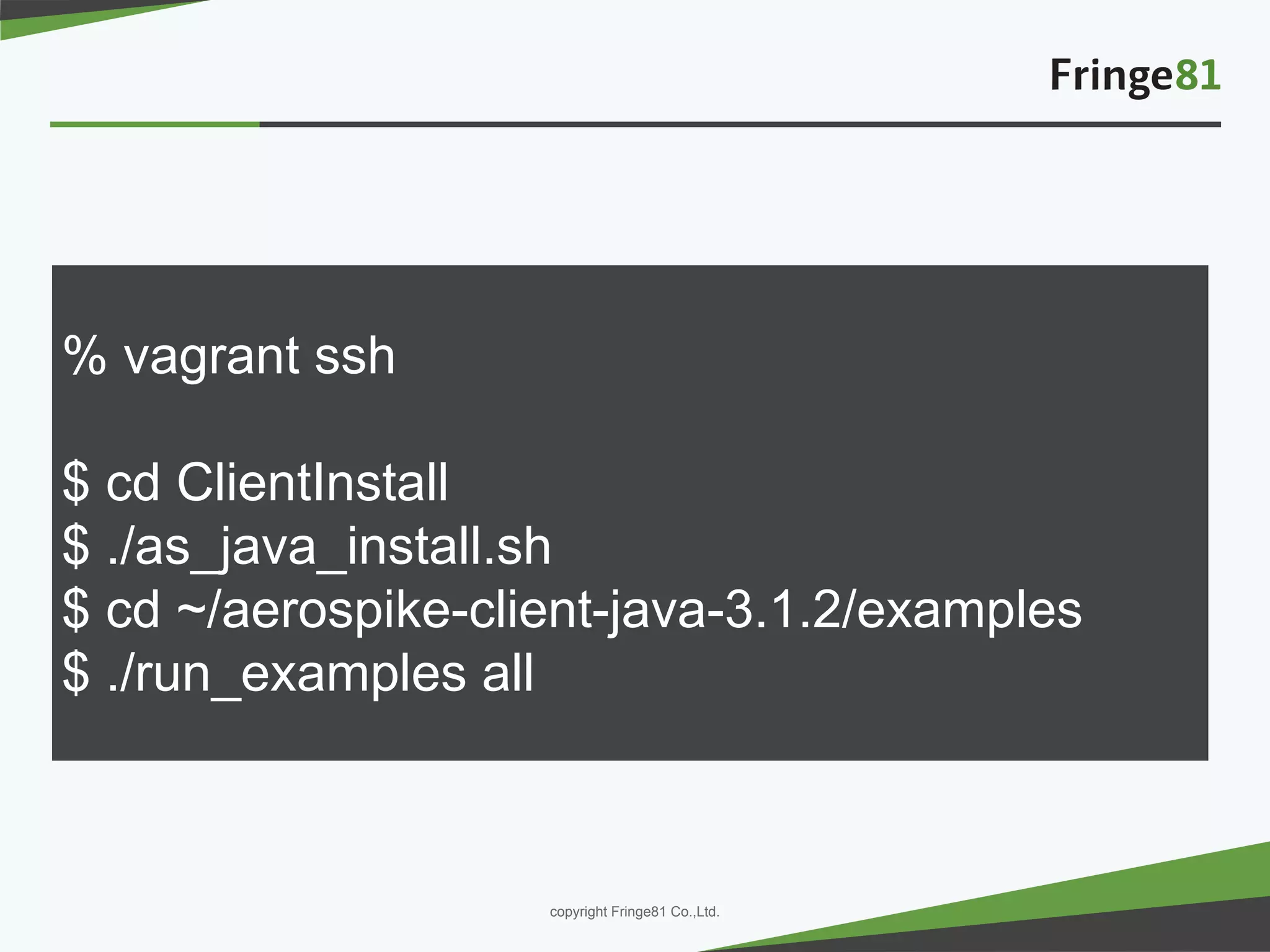 － －copyright Fringe81 Co.,Ltd.
% vagrant ssh
$ cd ClientInstall
$ ./as_java_install.sh
$ cd ~/aerospike-client-java-3.1.2/examples
$ ./run_examples all
 