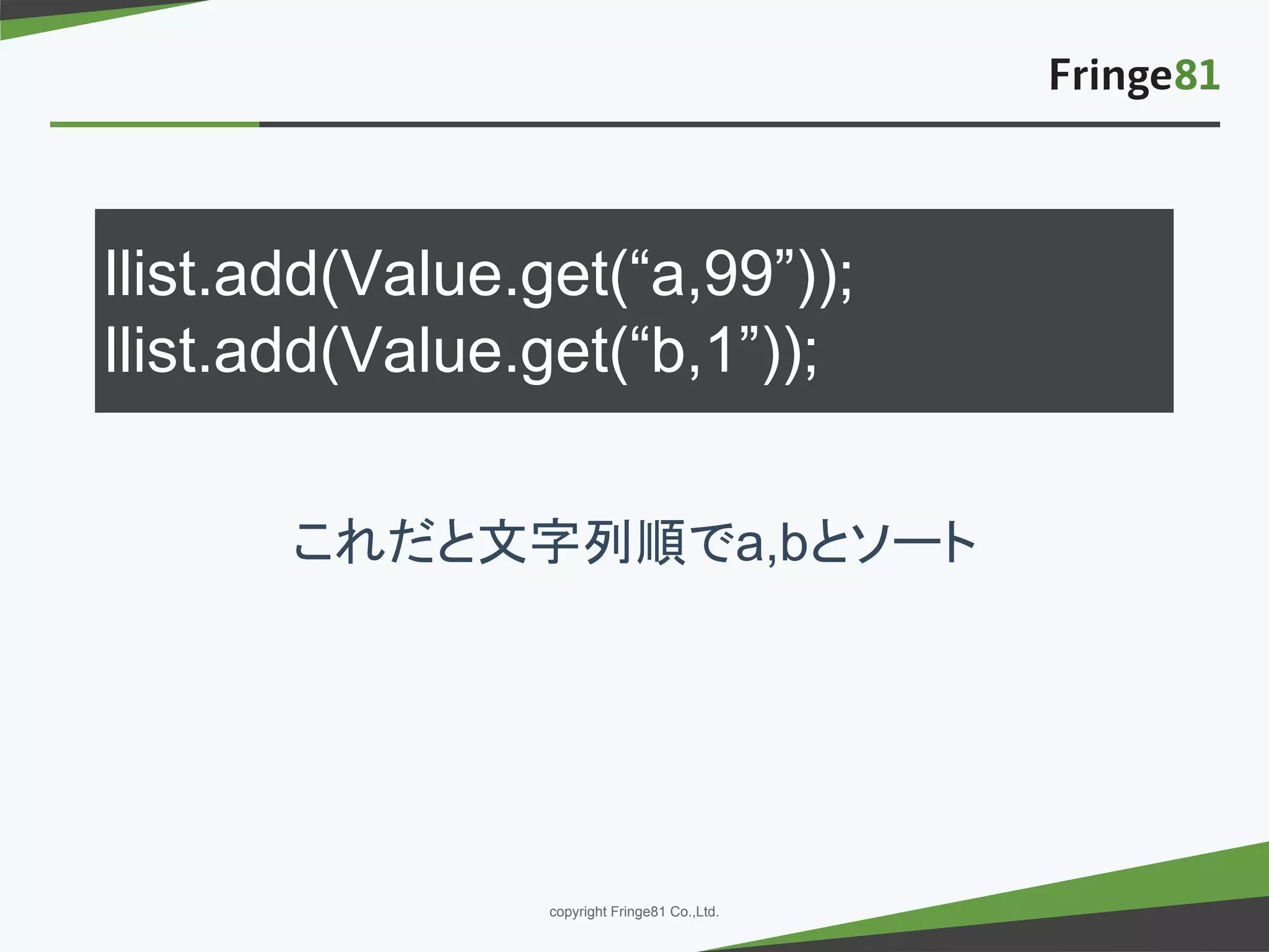 － －copyright Fringe81 Co.,Ltd.
llist.add(Value.get(“a,99”));
llist.add(Value.get(“b,1”));
これだと文字列順でa,bとソート
 