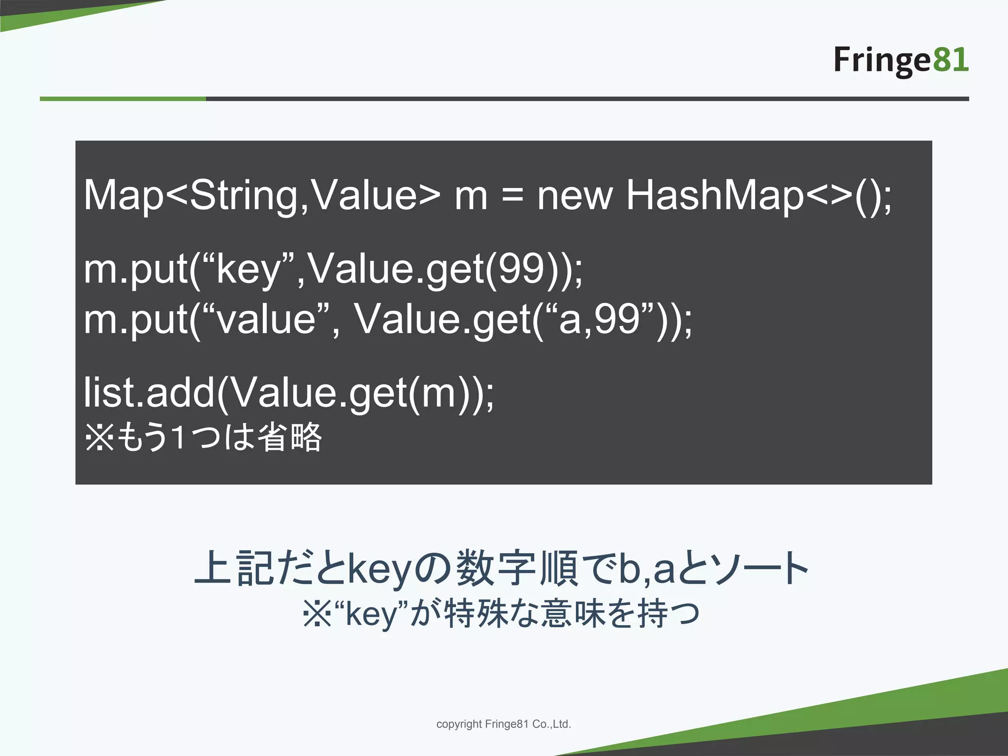 － －copyright Fringe81 Co.,Ltd.
上記だとkeyの数字順でb,aとソート
※“key”が特殊な意味を持つ
Map<String,Value> m = new HashMap<>();
m.put(“key”,Value.get(99));
m.put(“value”, Value.get(“a,99”));
list.add(Value.get(m));
※もう１つは省略
 