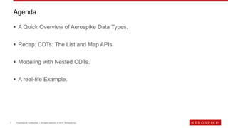 2 Proprietary & Confidential | All rights reserved. © 2019 Aerospike Inc.
▪ A Quick Overview of Aerospike Data Types.
▪ Recap: CDTs: The List and Map APIs.
▪ Modeling with Nested CDTs.
▪ A real-life Example.
Agenda
 