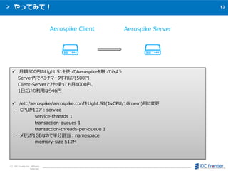 13
C IDC Frontier Inc. All Rights
Reserved.
äƤߤƣ
Aerospike Client Aerospike Server
? ~500ҤLight.S1ʹäAerospike򴥤äƤߤ褦
Serverڤǥ٥ީ`500ҡ
Client-Server2̨ʹäƤ1000ҡ
1դäʤ46
? /etc/aerospike/aerospike.confLight.S1(1vCPU/1Gmem)äˉ
? CPU1service
service-threads 1
transaction-queues 1
transaction-threads-per-queue 1
? ꤬1GBʤΤǰָnamespace
memory-size 512M
 