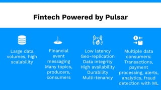 Fintech Powered by Pulsar
10
Low latency
Geo-replication
Data integrity
High availability
Durability
Multi-tenancy
Multiple data
consumers:
Transactions,
payment
processing, alerts,
analytics, fraud
detection with ML
Large data
volumes, high
scalability
Financial
event
messaging
Many topics,
producers,
consumers
 