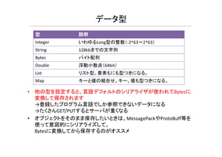 データ型
型 説明
Integer いわゆるLong型の整数（-2^63～2^63）
String 128kbまでの文字列
Bytes バイト配列
Double 浮動小数点（64bit）
List リスト型。要素もにも型つきになる。
値 組 値も
• 他の型を設定すると、言語デフォルトのシリアライザが使われてBytesに
変換して保存されます
→登録したプログラム言語でしか参照できないデータになる
→たくさんGET/PUTするとサーバが重くなる
• オブジェクトをそのまま保存したいときは、MessagePackやProtoBuff等を
使って意図的にシリアライズして、
Bytesに変換してから保存するのがオススメ
Map キーと値の組合せ。キー、値も型つきになる。
 