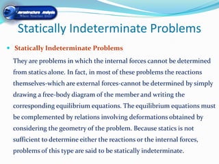 Statically Indeterminate Problems
 Statically Indeterminate Problems

 They are problems in which the internal forces cannot be determined
 from statics alone. In fact, in most of these problems the reactions
 themselves-which are external forces-cannot be determined by simply
 drawing a free-body diagram of the member and writing the
 corresponding equilibrium equations. The equilibrium equations must
 be complemented by relations involving deformations obtained by
 considering the geometry of the problem. Because statics is not
 sufficient to determine either the reactions or the internal forces,
 problems of this type are said to be statically indeterminate.
 