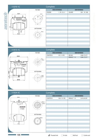 11070-1C                                                      Complete
                                            TOP VIEW                             CROSS REFERENCE                          OEM REFERENCE
                                                                       PHOENIX               1 DF 25 A-1        SOLARIS           1001 101 060




                                                                                                                                                       COMPLETE AIR SPRINGS
                Ø259                                   M22x1,5

                                                            M12




                                                           73
          58




                                      25
                              11070
                                               150
   127




                                           BOTTOM VIEW
                         50




                                                         M18x1,5


                Ø226




         11415-1C                                                      Complete
                                            TOP VIEW                             CROSS REFERENCE                          OEM REFERENCE
                                                                       CONTITECH             1415 N P01         IRIS BUS          5.006.172.377
                289,4
                                                                                                                RENAULT V.I       5.006.172.377
                                                        M22x1,5
                                                            M16x1,5
           57




                              11415


                                           BOTTOM VIEW
128,5




                                                          M10x1,5
21




                                                          M18x1,5



                Ø190




         11924-5C                                                      Complete
                                            TOP VIEW                             CROSS REFERENCE                          OEM REFERENCE
                Ø289,4
                                                                       CONTITECH             1924 N1 P05        RENAULT V.I       5.010.347.891

                                                           M22x1,5
                                                             M16x1,5
                          56




                         11924


                                           BOTTOM VIEW

                                                     M18x1,5
   127




                 Ø183




                108                                                          Threaded hole          Air inlet         Bolt/Stud           Combo stud
 