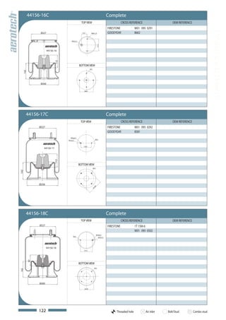 44156-16C                                                                 Complete
                                                TOP VIEW                                      CROSS REFERENCE                  OEM REFERENCE
                                                                                  FIRESTONE             W01 095 0291




                                                                                                                                                            COMPLETE AIR SPRINGS
              Ø227                              73,2       M8X1,25                GOODYEAR              8662

                                    M22x1,5




                                                                       157,5
                     44156-16

                           112


                                              BOTTOM VIEW
                                                          M12
  142




              Ø260

                                                  Ø200




      44156-17C                                                                   Complete
                                               TOP VIEW                                       CROSS REFERENCE                  OEM REFERENCE
             Ø227                                                                 FIRESTONE             W01 095 0292
                                                                                  GOODYEAR              8581
                                   M18x2,5
                                                                  M12
                                 M12x1,5


                                                 139,7
                44156-17
                           112




                                              BOTTOM VIEW
                                                                M12
142




             Ø258
                                                                  0
                                                                20
                                                            Ø




      44156-18C                                                                   Complete
                                               TOP VIEW                                       CROSS REFERENCE                  OEM REFERENCE
             Ø227                                                                 FIRESTONE             1T 15M-6
                                                                                                        W01 095 0502
                                                                      M18x2,5
                                      M12
                                                                        M12x1,5




                    44156-18
                                                  157,5
        97




                                              BOTTOM VIEW
                                                                 M12
142




             Ø260

                                                   Ø200




             122                                                                        Threaded hole           Air inlet   Bolt/Stud          Combo stud
 