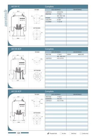 44159-1C                                                      Complete
                                         TOP VIEW                                 CROSS REFERENCE                          OEM REFERENCE
             Ø227
                                                                      CONTITECH             4159 N P03
                                                                      FIRESTONE             1T15M-9
                                 M12                    M20x1,5                             W01 M58 7548
                                                                      PHOENIX               1 DK21 B-4
                                                            M12x1,5
                      44159-1C                                        DUNLOPFR              D12B01
                                                                      CF GOMMA              1T 323-40
                                           157,5

                            97

                                        BOTTOM VIEW
188




                                                            M12




             Ø260
                                           Ø200




        44159-4CP                                                     Complete
                                          TOP VIEW                                CROSS REFERENCE                          OEM REFERENCE

             Ø 227
                                                                      FIRESTONE             1T15M-9             NEWAY               M00557007
                                                                                            W01 M58 9222
                                                       M20x1,5        CONTITECH             4159 N P14
                                  M12                   M12x1,5



                                            139,7



                     44159-4CP
                            97




                                        BOTTOM VIEW
                                                        M12
188




                                                       00
             Ø 260                                   Ø2




        44159-9CP                                                     Complete
                                         TOP VIEW                                 CROSS REFERENCE                          OEM REFERENCE
              Ø227                                                    FIRESTONE             1T15M-9
                                                        M20x1,5       GOODYEAR              1R12-701
                                 M12
                                                                      CONTITECH             4159 N P09
                                                       M12x1,5



                      44159-9              157,5




                                        BOTTOM VIEW
                           97
  188




                                                             M12




               Ø260
                                            200




             128                                                            Threaded hole           Air inlet           Bolt/Stud          Combo stud
 