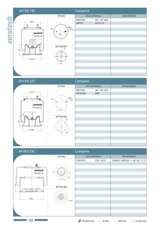 44159-19C                                           K                      Complete
                                             TOP VIEW                                         CROSS REFERENCE                        OEM REFERENCE
                                                                                  FIRESTONE            W01 095 0463
                  Ø227
                                                                                  AIRTECH              34159-19 K
                                                                   M18x2,5
                                     M12
                                                                     M12x1,5


                                               139,7
                         44159-19

                               112


                                            BOTTOM VIEW
                                                           M12
      142




                  Ø260

                                                    Ø200




       44159-22C                                                                  Complete
                                             TOP VIEW                                         CROSS REFERENCE                        OEM REFERENCE
                                                                                  FIRESTONE            W01 095 0479
                  Ø 227
                                                                                  GOODYEAR             8480
                                                                       M20x1,5
                                     M12
                                                                         G1/4-6




                         44159-22
                                                   157,5
            97




                                            BOTTOM VIEW
                                                                 M12
      142




                  Ø 260
                                                                  00
                                                                Ø2




       44183-23C                                                                  Complete
                                             TOP VIEW                                         CROSS REFERENCE                        OEM REFERENCE
                                                                                  CONTITECH            4183 N P23           DAIMLER CHRYSLER A 942 320 22 21
                                       34




                          44183-23
                                                                        39




                                                                   M24x1,5

                                              10           40
165




                                            BOTTOM VIEW




                  Ø265
                                                                        M16x1,5




                 132                                                                   Threaded hole            Air inlet        Bolt/Stud           Combo stud
 