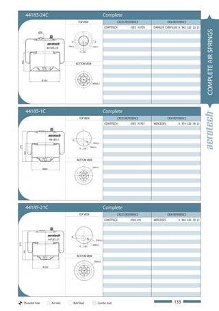 44183-24C                                                                     Complete
                                                       TOP VIEW                               CROSS REFERENCE                  OEM REFERENCE
                                                                                      CONTITECH        4183 N P24   DAIMLER CHRYSLER A 942 320 23 21




                                                                                                                                                        COMPLETE AIR SPRINGS
                 Ø50




                                               34




                                                                       39
                                            M16x1,5                   M24x1,5
                          44183-24
                                                        10   40
  165




                                                      BOTTOM VIEW




                      Ø 265
                                                                     M16x1,5




        44185-1C                                                                      Complete
                                                        TOP VIEW                              CROSS REFERENCE                  OEM REFERENCE
                                                                                      CONTITECH        4185 N P01   MERCEDES          A 974 320 00 21



                               44185-1
                                                34




                                                                      M16x1,5
275




                                                                   M24x1,5
                                                        10    40
      165




                                                      BOTTOM VIEW

                                                                     M16x1,5
                       Ø250




        44185-21C                                                                     Complete
                                                        TOP VIEW                              CROSS REFERENCE                  OEM REFERENCE
                                                                                      CONTITECH        4185-21K     MERCEDES          A 942 320 30 21
                                              34




                              44185-21                                      M16x1,5
275




                                                                     M24x1,5
                                                        10    40
      165




                                                      BOTTOM VIEW
                                                                       M16x1,5

                       Ø 250




      Threaded hole             Air inlet         Bolt/Stud                  Combo stud                                            133
 