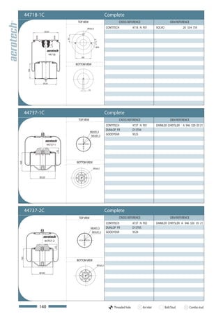 44718-1C                                                           Complete
                                          TOP VIEW                                CROSS REFERENCE                            OEM REFERENCE
                                                  M16x1,5                 CONTITECH            4718 N P01        VOLVO               20 554 759
                  Ø259




                                    93




                                                            5
                         75
                                                            M10


                       44718
                                            180


                                         BOTTOM VIEW
        160




                Ø226


                                                   15




       44737-1C:                                                          Complete
                                           TOP VIEW                               CROSS REFERENCE                            OEM REFERENCE
                                                                          CONTITECH            4737 N P01        DAIMLER CHRYSLER A 946 320 03 21
                                                                          DUNLOP FR            D13T04
                                                      M24X1,5
                                                       M16X1,5
                                                                          GOODYEAR             9523


                     44737-1
                               55




                                         BOTTOM VIEW
165




                                                         M16x1,5



              Ø220




       44737-2C                                                           Complete
                                           TOP VIEW                               CROSS REFERENCE                            OEM REFERENCE
                                                                          CONTITECH            4737 N P02        DAIMLER CHRYSLER A 946 320 05 21
                                                        M24X1,5           DUNLOP FR            D13T05
                                                         M16X1,5          GOODYEAR             9524

                 44737-2
                              53
 165




                                         BOTTOM VIEW
                                                                M16x1,5


              Ø190




              140                                                              Threaded hole         Air inlet           Bolt/Stud           Combo stud
 
