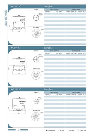 44758-21C                                           Complete
                                   TOP VIEW                           CROSS REFERENCE                         OEM REFERENCE
                                                              CONTITECH            4758 N P21        DAIMLER CHRYSLER A 942 320 48 21
                                               M24X1,5
                                                M16X1,5




                     44758-21
  157,5




                                  BOTTOM VIEW
                                                    M16x1,5

                Ø 279




          44759-1C                                            Complete
                                   TOP VIEW                           CROSS REFERENCE                         OEM REFERENCE
                                                              CONTITECH            4759 N P01        DAIMLER CHRYSLER A 942 320 02 17
                                               M24X1,5
                                                M16X1,5




                        44759-1
117,5




                                  BOTTOM VIEW
                                                    M16x1,5


                Ø 279




          44759-21C                                           Complete
                                    TOP VIEW                           CROSS REFERENCE                        OEM REFERENCE
                                                              CONTITECH            4759 N P21        DAIMLER CHRYSLER A 942 320 44 21
                                              M24X1,5
                                               M16X1,5




                     44759-21
117,5




                                  BOTTOM VIEW
                                                   M16x1,5
                Ø279




               144                                                 Threaded hole         Air inlet        Bolt/Stud           Combo stud
 