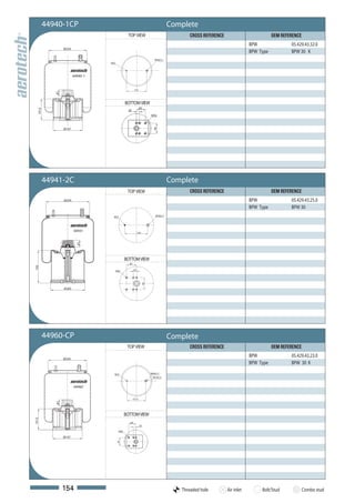 44940-1CP                                                                  Complete
                                                   TOP VIEW                                 CROSS REFERENCE                          OEM REFERENCE
                                                                                                                          BPW                05.429.43.32.0
                   Ø259
                                                                                                                          BPW Type           BPW 30 K
                                                                            M18x1,5
                                    M12



                          44940-1


                                                          170
              41




                                                  BOTTOM VIEW
                                                                 60
   141,5




                                                   20
                                                                         M16



                   Ø197




                                                                           70




           44941-2C                                                                   Complete
                                                   TOP VIEW                                 CROSS REFERENCE                          OEM REFERENCE
                   Ø259                                                                                                   BPW                05.429.43.25.0
                                                                                                                          BPW Type           BPW 30
                                      M12                                   M18x1,5




                          44941                               170
                            41




                                                  BOTTOM VIEW
                                                    60
193




                                          M16            20
                                                                    70




                   Ø205




           44960-CP                                                                   Complete
                                                   TOP VIEW                                 CROSS REFERENCE                          OEM REFERENCE

                   Ø259
                                                                                                                          BPW                05.429.43.23.0
                                                                                                                          BPW Type           BPW 30 K

                                      M12                                M20x1,5
                                                                          M12x1,5


                          44960


                                                         157,5
              41




                                                  BOTTOM VIEW
141,5




                                                    60
                                                                 20

                                            M16

                   Ø197
                                          70




                   154                                                                   Threaded hole        Air inlet        Bolt/Stud             Combo stud
 