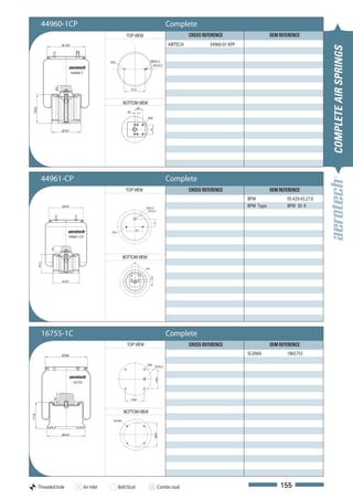 44960-1CP                                                                                      Complete
                                                                   TOP VIEW                                           CROSS REFERENCE                    OEM REFERENCE
                           Ø 259                                                                            AIRTECH            34960-01 KPP




                                                                                                                                                                                 COMPLETE AIR SPRINGS
                                                        M12                                 M20x1,5
                                                                                             M12x1,5

                                   44960-1
                      41




                                                                         157,5



                                                                  BOTTOM VIEW
                                                                                 60
 193,5




                                                                    20

                                                                                       M16




                                                                                            70
                           Ø197




             44961-CP                                                                                       Complete
                                                                   TOP VIEW                                           CROSS REFERENCE                    OEM REFERENCE
                                                                                                                                              BPW               05.429.43.27.0
                           Ø259                                                       M22x1,5
                                                                                                                                              BPW Type          BPW 30 K
                                                                                       M12x1,5
                                                                                             73




                                                                            150
                                                        M12

                                  44961-CP
                 41




                                                                  BOTTOM VIEW
                                                                           70
         141,5




                                                                                      M16
                                                                                            40




                           Ø197
                                                                                            20




             16755-1C                                                                                       Complete
                                                                   TOP VIEW                                           CROSS REFERENCE                    OEM REFERENCE
                           Ø286                                                                                                               SCANIA            1865755
                                                                                       M10
                                                                                                  M14x1,5
                                                                                                 158,8




                                    16755
                  78




                                                                         158,8



                                                                  BOTTOM VIEW
177,8




                                                         M12-6H




                           Ø259
                                                                                                 Ø200




         Threaded hole                      Air inlet         Bolt/Stud                             Combo stud                                               155
 
