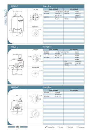 99371-C                                                                         Complete
                                                     TOP VIEW                                       CROSS REFERENCE                          OEM REFERENCE
              Ø227
                                                                                        CONTITECH             9 10-17.5 P 521     DAYTON            352-9371
                                                        146
                                                                                        FIRESTONE             1T 15MT-8           NAVISTAR          1670073C-1
                                                                        3/4"-16UNF
                                                                                                              W01 358 9371                          1686386C-1
              92
                                                                           1/4"-18NPT

                                                                                        GOODYEAR              1R12-401                              2027911C-1




                                                               139,7
                                        166
                                                                                                              1R12-244            TRIANGLE          8521
                                     1/2"-13UNC
                       99371



                                                   BOTOM VIEW
                                                                       1/2"-13UNC
  122




                        35




                                                             4
                                                           10
              Ø253,5




        99393-C                                                                         Complete
                                                     TOP VIEW                                       CROSS REFERENCE                          OEM REFERENCE
                                                                                        CONTITECH             9 10-17.5 P 440     DAYTON            352-9373
             Ø227
                                                       157,5
                                                                                        FIRESTONE             1T 15MT-8           HAS               HAS-360
                                                                                                              W01 358 9373                          HAS-400
                                                                            50,28




                                    1/4"-18NPT
                                                                                        GOODYEAR              1R12-403                              HAS-402
                                                                                                                                                    HAS-460
                                                                          1/2"-13UNC                                              HDA               PMABG9373B
                       99373
                                                                                                                                  HENDRICKSON       57122-1 & 2
                                                                                                                                  TRIANGLE          8519
                               97




                                                   BOTTOM VIEW
122




                                                                         1/2"-13UNC



            Ø253, 5




        99373-1C                                                                        Complete
                                                                                                    CROSS REFERENCE                          OEM REFERENCE
                                                                                        FIRESTONE             1T 15MT-8
                                                       157,5
                                                                                                              W01 095 0356
              Ø227                                                       1/2"-13UNC
                                     1/4"-18 NPT
                                                                                        GOODYEAR              556 02 8727
                                                                            50,3




                       99373
                             112
      120




              Ø239


                                        1/2"-13UNC




             178                                                                              Threaded hole           Air inlet         Bolt/Stud            Combo stud
 