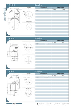 91240 C                                                                Complete
                      Ø227                                         TOP VIEW                CROSS REFERENCE                                OEM REFERENCE
                                                Ø11.9
                                                                                                                              SCANIA                1726240
                                                        M16x1,5
                                                                                 AIRTECH               331240 K

                                                                     45°




                                                           56,5
                                91240
                                                                           140


                                           54




                                                                  BOTTOM VIEW
    164




              94.5




                                                                           127

                     Ø185,6




          91241-C                                                                Complete
                                                                                           CROSS REFERENCE                                OEM REFERENCE
                     Ø227                                                                                                     SCANIA               1726241
              Ø11,9                                     M16x1,5                  AIRTECH               331241 K
                                                           56,5




                               91241
                                                                       140
                                      54
163




                                 Ø11,9
             94,5




                     Ø206
                                                                           127




          91242-C                                                                Complete
                     Ø227                                          TOP VIEW                CROSS REFERENCE                                OEM REFERENCE
             Ø11,9
                                                                                                                              SCANIA               1726242
                                                        M16x1,5                  AIRTECH               331242 K

                               91242
                                                          56,5




                                                                           140
                                           54
186,5




                                                                  BOTTOM VIEW


                              Ø11,9
94.5




                                                                       127
                     Ø206




                    186                                                                Threaded hole              Air inlet            Bolt/Stud          Combo stud
 
