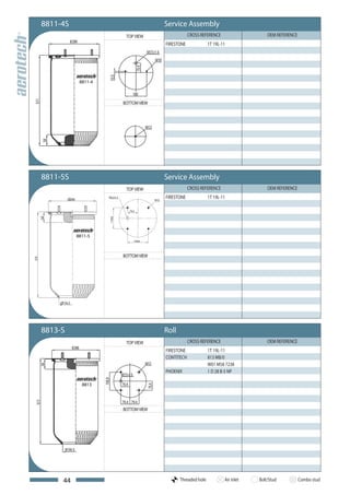 8811-4S                                                 Service Assembly
                                           TOP VIEW                       CROSS REFERENCE                    OEM REFERENCE
                                                              FIRESTONE              1T 19L-11




                       8811-4



                                          BOTTOM VIEW




      8811-5S                                                 Service Assembly
                                           TOP VIEW                       CROSS REFERENCE                    OEM REFERENCE

               Ø286
                                M22x1,5
                                                        M12
                                                              FIRESTONE              1T 19L-11

                                            79,4
      58




                                158,8




                      8811-5
                                               158.8




                                          BOTTOM VIEW
511




           Ø156.5




      8813-S                                                  Roll
                                           TOP VIEW                       CROSS REFERENCE                    OEM REFERENCE
                                                              FIRESTONE              1T 19L-11
                                                              CONTITECH              813 MB/0
                                                                                     W01 M58 7238
                                                              PHOENIX                1 D 28 B-5 NP

                        8813




                                          BOTTOM VIEW




            44                                                       Threaded hole           Air inlet   Bolt/Stud           Combo stud
 