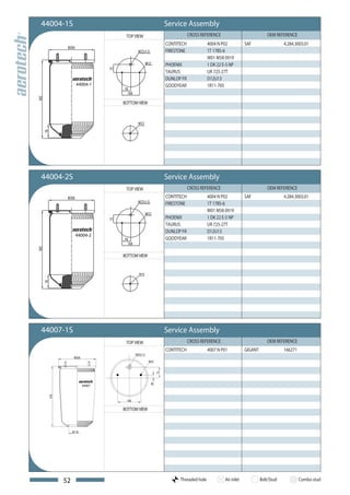 44004-1S                           Service Assembly
                      TOP VIEW                 CROSS REFERENCE                            OEM REFERENCE
                                   CONTITECH             4004 N P02           SAF                  4.284.3003.01
                                   FIRESTONE             1T 17BS-6
                                                         W01 M58 0919
                                   PHOENIX               1 DK 22 E-5 NP
                                   TAURUS                UR 725-27T
                                   DUNLOP FR             D12U13
           44004-1                 GOODYEAR              1R11-705


                     BOTTOM VIEW




44004-2S                           Service Assembly
                      TOP VIEW                 CROSS REFERENCE                            OEM REFERENCE
                                   CONTITECH             4004 N P02           SAF                  4.284.3003.01
                                   FIRESTONE             1T 17BS-6
                                                         W01 M58 0919
                                   PHOENIX               1 DK 22 E-5 NP
                                   TAURUS                UR 725-27T
                                   DUNLOP FR             D12U13
           44004-2
                                   GOODYEAR              1R11-705


                     BOTTOM VIEW


                            M16




44007-1S                           Service Assembly
                      TOP VIEW                 CROSS REFERENCE                            OEM REFERENCE
                                   CONTITECH             4007 N P01           GIGANT               166271




             44007




                     BOTTOM VIEW




     52                                  Threaded hole            Air inlet            Bolt/Stud            Combo stud
 