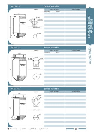 44156-2S                                     Service Assembly
                                   TOP VIEW                    CROSS REFERENCE    OEM REFERENCE
                                                   FIRESTONE           1T 15M-6




                                                                                                  SERVICE ASSEMBLY
                                                                                                     AIR SPRINGS
                 44156-2

                                 BOTTOM VIEW




      44156-7S                                     Service Assembly
                                   TOP VIEW                    CROSS REFERENCE    OEM REFERENCE
                                                   FIRESTONE           1T 15M-6




                 44156-7

                                 BOTTOM VIEW




      44157-4S                                     Service Assembly
                                   TOP VIEW                    CROSS REFERENCE    OEM REFERENCE




                  44157
467




                                 BOTTOM VIEW




Threaded hole     Air inlet   Bolt/Stud        Combo stud                              57
 