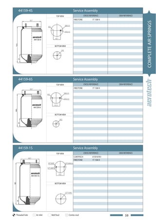 44159-4S                                       Service Assembly
                                     TOP VIEW                    CROSS REFERENCE      OEM REFERENCE
                                                     FIRESTONE           1T 15M-9




                                                                                                      COMPLETE AIR SPRINGS
                  44159-4
503




                                   BOTTOM VIEW




      44159-6S                                       Service Assembly
                                     TOP VIEW                    CROSS REFERENCE      OEM REFERENCE
                                                     FIRESTONE           1T 15M-9




                  44159-6
503




                                   BOTTOM VIEW




      44159-1S                                       Service Assembly
                                     TOP VIEW                    CROSS REFERENCE      OEM REFERENCE
                                                     CONTITECH           4159 N P01
                                                     FIRESTONE           1T 15M-9




                44159-1S


                                   BOTTOM VIEW




Threaded hole       Air inlet   Bolt/Stud        Combo stud                                59
 