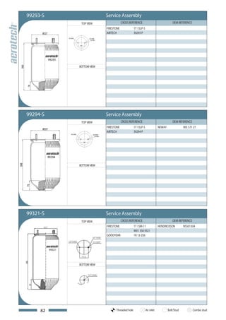 99293-S                          Service Assembly
                    TOP VIEW                 CROSS REFERENCE                              OEM REFERENCE
                                 FIRESTONE             1T 15LP-5
                                 AIRTECH               39293 P




          99293

                   BOTTOM VIEW




99294-S                          Service Assembly
                    TOP VIEW                 CROSS REFERENCE                              OEM REFERENCE
                                 FIRESTONE             1T 15LP-5               NEWAY               905 571 27
                                 AIRTECH               39294 P




          99294

                   BOTTOM VIEW




99321-S                          Service Assembly
                    TOP VIEW                 CROSS REFERENCE                              OEM REFERENCE
                                 FIRESTONE             1T 15M-11               HENDRICKSON         NS501304
                                                       W01 358 9321
                                 GOODYEAR              1R 12-256



           99321




                   BOTTOM VIEW




     82                                Threaded hole               Air inlet           Bolt/Stud          Combo stud
 