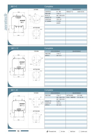 8811-C                                                                                 Complete
                                                           TOP VIEW                                                 CROSS REFERENCE                         OEM REFERENCE
                          Ø286                                                                          CONTITECH             811 MB              RENAULT V.I       5.000.745.918
                                                                50                                      FIRESTONE             1T19L-11
                                           M22x1,5
                                                                                         M10x1,25
                                                                                                        M10x1,25              W01 M58 6359
                                                                                                        DUNLOP FR             D13B34
                     58



                                                                                                        GOODYEAR              1R14-718




                                             173,2
                                                            90             100
                                                                                                        CF GOMMA              1T 19-E2
                                  8811                                                                                        203878


                                                          BOTTOM VIEW
177,8




                                                                                      M12-6H




                          Ø259


                                                                 Ø200




                 8811-1C                                                                                Complete
                                                           TOP VIEW                                                 CROSS REFERENCE                         OEM REFERENCE
                                                                                                        FIRESTONE             1T19L-11
                          Ø286
                                                                                                        AIRTECH               3811-01 K
                                                           25




                                                                                             M12
                                                                                 95




                                  8811-1        M22x1,5
                                                                     210
                                      58




                                                          BOTTOM VIEW
                                                                                      M12-6H
        177.8




                          Ø259


                                                                 Ø200




                 8811-2C                                                                                Complete
                                                           TOP VIEW                                                 CROSS REFERENCE                         OEM REFERENCE
                          Ø 286                                                                         FIRESTONE             1T19L-11            BATTAGLINO        22111400
                                                                                       M12
                                                                                                                              W01 M58 7370        R.O.R / MERITOR   212 222 39
                                            M22x1,5
                                                                                                                              W01 M58 6339
                                                                                                        DUNLOP FR             D14B51
                                                                                                158,8




                                                                                                        GOODYEAR              1R14-721
                                                                                         79,4




                                                                                                        AIRTECH               3811-02 K
                                 8811-2
                                                            79,4           79,4
                                      58




                                                          BOTTOM VIEW
         177,8




                                                                                        M12




                          Ø259

                                                                 Ø200




                          90                                                                                  Threaded hole           Air inlet         Bolt/Stud           Combo stud
 
