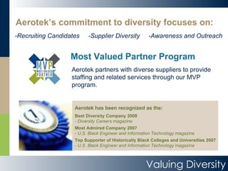 Valuing Diversity Most Valued Partner Program Aerotek partners with diverse suppliers to provide staffing and related services through our MVP program. Aerotek’s commitment to diversity focuses on: -Recruiting Candidates  -Supplier Diversity  -Awareness and Outreach Aerotek has been recognized as the: Best Diversity Company 2008 -  Diversity Careers  magazine Most Admired Company 2007 -  U.S. Black Engineer and Information Technology  magazine Top Supporter of Historically Black Colleges and Universities 2007 -  U.S. Black Engineer and Information Technology  magazine 