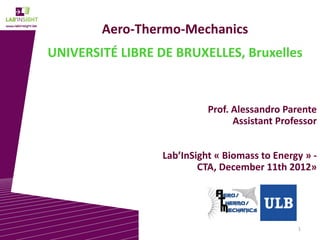 1
Aero-Thermo-Mechanics
UNIVERSITÉ LIBRE DE BRUXELLES, Bruxelles
Prof. Alessandro Parente
Assistant Professor
Lab’InSight « Biomass to Energy » -
CTA, December 11th 2012»
 