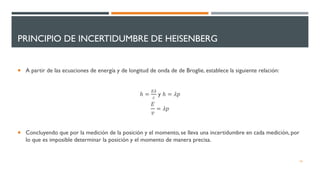 PRINCIPIO DE INCERTIDUMBRE DE HEISENBERG
16
 A partir de las ecuaciones de energía y de longitud de onda de de Broglie, establece la siguiente relación:
ℎ =
𝐸𝜆
𝑐
y ℎ = 𝜆𝑝
𝐸
𝑣
= 𝜆𝑝
 Concluyendo que por la medición de la posición y el momento, se lleva una incertidumbre en cada medición, por
lo que es imposible determinar la posición y el momento de manera precisa.
 