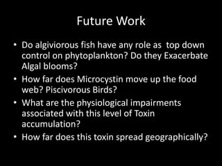 Future Work
• Do algiviorous fish have any role as top down
  control on phytoplankton? Do they Exacerbate
  Algal blooms?
• How far does Microcystin move up the food
  web? Piscivorous Birds?
• What are the physiological impairments
  associated with this level of Toxin
  accumulation?
• How far does this toxin spread geographically?
 