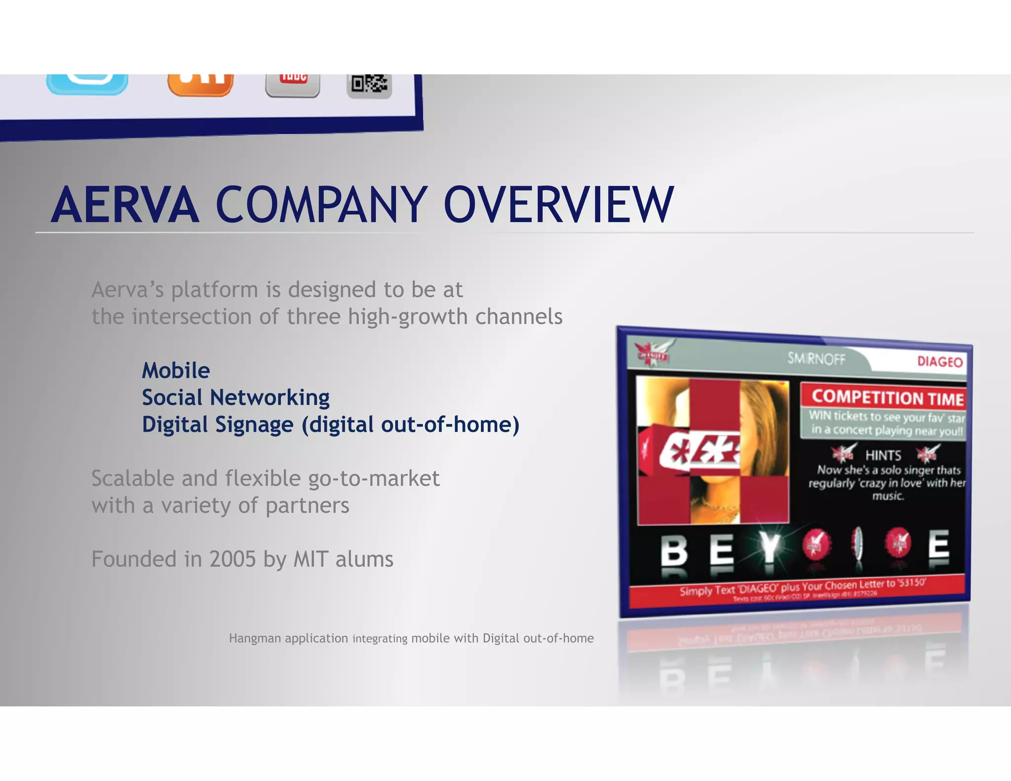 AERVA COMPANY OVERVIEW
 Aerva’s platform is designed to be at
 the intersection of three high-growth channels

     Mobile
     Social Networking
     Digital Signage (digital out-of-home)
       g       g g ( g                   )

 Scalable and flexible go-to-market
 with a variety of partners

 Founded in 2005 by MIT alums


              Hangman application integrating mobile with Digital out-of-home
 
