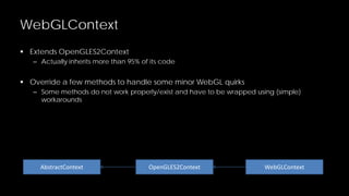 WebGLContext
 Extends OpenGLES2Context
– Actually inherits more than 95% of its code

 Override a few methods to handle some minor WebGL quirks
– Some methods do not work properly/exist and have to be wrapped using (simple)
workarounds

AbstractContext

OpenGLES2Context

WebGLContext

 