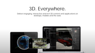 3D. Everywhere.
Deliver engaging, interactive and rich 3D content and applications on
desktops, mobiles and the web.

 