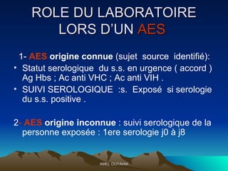 ROLE DU LABORATOIRE LORS D’UN  AES  1-  AES  origine connue  (sujet  source  identifié): Statut serologique  du s.s. en urgence ( accord ) Ag Hbs ; Ac anti VHC ; Ac anti VIH . SUIVI SEROLOGIQUE  :s.  Exposé  si serologie du s.s. positive . 2 -  AES  origine inconnue  : suivi serologique de la personne exposée : 1ere serologie j0 à j8 