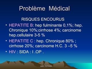 Problème  Médical   RISQUES ENCOURUS  HEPATITE B : hep fulminante 0,1%; hep. Chronique 10%;cirrhose 4%; carcinome hep.cellulaire 3-5 %  HEPATITE C :  hep. Chronique 80% ; cirrhose 20%; carcinome H.C. 3 –5 %  HIV  : SIDA : I .OP . 