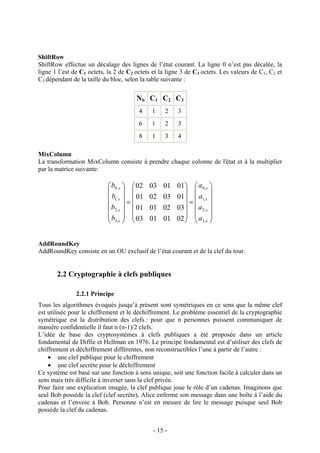 - 15 -
ShiftRow
ShiftRow effectue un décalage des lignes de l’état courant. La ligne 0 n’est pas décalée, la
ligne 1 l’est de C1 octets, la 2 de C2 octets et la ligne 3 de C3 octets. Les valeurs de C1, C2 et
C3 dépendant de la taille du bloc, selon la table suivante :
Nb C1 C2 C3
4 1 2 3
6 1 2 3
8 1 3 4
MixColumn
La transformation MixColumn consiste à prendre chaque colonne de l'état et à la multiplier
par la matrice suivante:














=














=














x
x
x
x
x
x
x
x
a
a
a
a
b
b
b
b
,3
,2
,1
,0
,3
,2
,1
,0
02010103
03020101
01030201
01010302
AddRoundKey
AddRoundKey consiste en un OU exclusif de l’état courant et de la clef du tour.
2.2 Cryptographie à clefs publiques
2.2.1 Principe
Tous les algorithmes évoqués jusqu’à présent sont symétriques en ce sens que la même clef
est utilisée pour le chiffrement et le déchiffrement. Le problème essentiel de la cryptographie
symétrique est la distribution des clefs : pour que n personnes puissent communiquer de
manière confidentielle il faut n (n-1)/2 clefs.
L’idée de base des cryptosystèmes à clefs publiques a été proposée dans un article
fondamental de Diffie et Hellman en 1976. Le principe fondamental est d’utiliser des clefs de
chiffrement et déchiffrement différentes, non reconstructibles l’une à partir de l’autre :
• une clef publique pour le chiffrement
• une clef secrète pour le déchiffrement
Ce système est basé sur une fonction à sens unique, soit une fonction facile à calculer dans un
sens mais très difficile à inverser sans la clef privée.
Pour faire une explication imagée, la clef publique joue le rôle d’un cadenas. Imaginons que
seul Bob possède la clef (clef secrète), Alice enferme son message dans une boîte à l’aide du
cadenas et l’envoie à Bob. Personne n’est en mesure de lire le message puisque seul Bob
possède la clef du cadenas.
 
