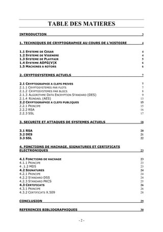- 2 -
TABLE DES MATIERES
INTRODUCTION 3
1. TECHNIQUES DE CRYPTOGRAPHIE AU COURS DE L’HISTOIRE 4
1.1 SYSTEME DE CESAR 4
1.2 SYSTEME DE VIGENERE 4
1.3 SYSTEME DE PLAYFAIR 5
1.4 SYSTEME ADFG(V)X 6
1.5 MACHINES A ROTORS 6
2. CRYPTOSYSTEMES ACTUELS 7
2.1 CRYPTOGRAPHIE A CLEFS PRIVES 7
2.1.1 CRYPTOSYSTEMES PAR FLOTS 7
2.1.2 CRYPTOSYSTEMES PAR BLOCS 8
2.1.3 ALGORITHME DATA ENCRYPTION STANDARD (DES) 9
2.1.4 RIJNDAEL (AES) 13
2.2 CRYPTOGRAPHIE A CLEFS PUBLIQUES 15
2.2.1 PRINCIPE 15
2.2.2 RSA 16
2.2.3 SSL 17
3. SECURITE ET ATTAQUES DE SYSTEMES ACTUELS 18
3.1 RSA 20
3.2 DES 21
3.3 SSL 22
4. FONCTIONS DE HACHAGE, SIGNATURES ET CERTIFICATS
ELECTRONIQUES 23
4.1 FONCTIONS DE HACHAGE 23
4.1.1 PRINCIPE 23
4 .1.2 MD5 23
4.2 SIGNATURES 24
4.2.1 PRINCIPE 24
4.2.2 STANDARD DSS 24
4.2.3 STANDARD PKCS 25
4.3 CERTIFICATS 26
4.3.1 PRINCIPE 26
4.3.2 CERTIFICATS X.509 28
CONCLUSION 29
REFERENCES BIBLIOGRAPHIQUES 30
 