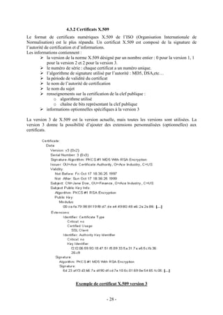 - 28 -
4.3.2 Certificats X.509
Le format de certificats numériques X.509 de l’ISO (Organisation Internationale de
Normalisation) est le plus répandu. Un certificat X.509 est composé de la signature de
l’autorité de certification et d’informations.
Les informations contiennent :
la version de la norme X.509 désigné par un nombre entier : 0 pour la version 1, 1
pour la version 2 et 2 pour la version 3.
le numéro de série : chaque certificat a un numéro unique.
l’algorithme de signature utilisé par l’autorité : MD5, DSA,etc…
la période de validité du certificat
le nom de l’autorité de certification
le nom du sujet
renseignements sur la certification de la clef publique :
o algorithme utilisé
o chaîne de bits représentant la clef publique
informations optionnelles spécifiques à la version 3
La version 3 de X.509 est la version actuelle, mais toutes les versions sont utilisées. La
version 3 donne la possibilité d’ajouter des extensions personnalisées (optionnelles) aux
certificats.
Exemple de certificat X.509 version 3
 
