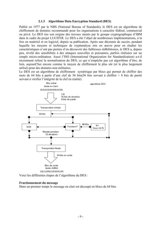 - 9 -
2.1.3 Algorithme Data Encryption Standard (DES)
Publié en 1977 par le NBS (National Bureau of Standards), le DES est un algorithme de
chiffrement de données recommandé pour les organisations à caractère fédéral, commercial
ou privé. Le DES tire son origine des travaux menés par le groupe cryptographique d’IBM
dans le cadre du projet LUCIFER. Le DES a été l’objet de nombreuses implémentations, à la
fois en matériel et en logiciel, depuis sa publication. Après une décennie de succès, pendant
laquelle les moyens et techniques de cryptanalyse mis en œuvre pour en étudier les
caractéristiques n’ont pas permis d’en découvrir des faiblesses rédhibitoires, le DES a, depuis
peu, révélé des sensibilités à des attaques nouvelles et puissantes, parfois réalisées sur un
simple micro-ordinateur. Aussi l’ISO (International Organization for Standardization) a-t-il
récemment refusé la normalisation du DES, ce qui n’empêche pas cet algorithme d’être, de
loin, aujourd’hui encore comme le moyen de chiffrement le plus sûr (et le plus largement
utilisé) pour des données non militaires.
Le DES est un algorithme de chiffrement symétrique par blocs qui permet de chiffrer des
mots de 64 bits à partir d’une clef de 56 bits(56 bits servant à chiffrer + 8 bits de parité
servant à vérifier l’intégrité de la clef en réalité).
Voici les différentes étapes de l’algorithme du DES :
Fractionnement du message
Dans un premier temps le message en clair est découpé en blocs de 64 bits.
 
