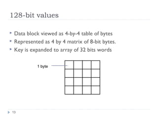 128-bit values
13
 Data block viewed as 4-by-4 table of bytes
 Represented as 4 by 4 matrix of 8-bit bytes.
 Key is expanded to array of 32 bits words
1 byte
 