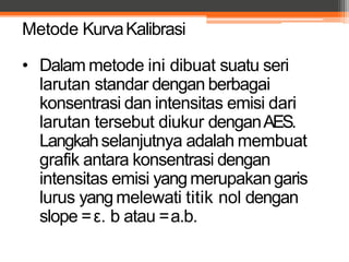 Metode KurvaKalibrasi
• Dalam metode ini dibuat suatu seri
larutan standar dengan berbagai
konsentrasi dan intensitas emisi dari
larutan tersebut diukur denganAES.
Langkahselanjutnya adalah membuat
grafik antara konsentrasi dengan
intensitas emisi yang merupakangaris
lurus yangmelewati titik nol dengan
slope =ε. b atau =a.b.
 
